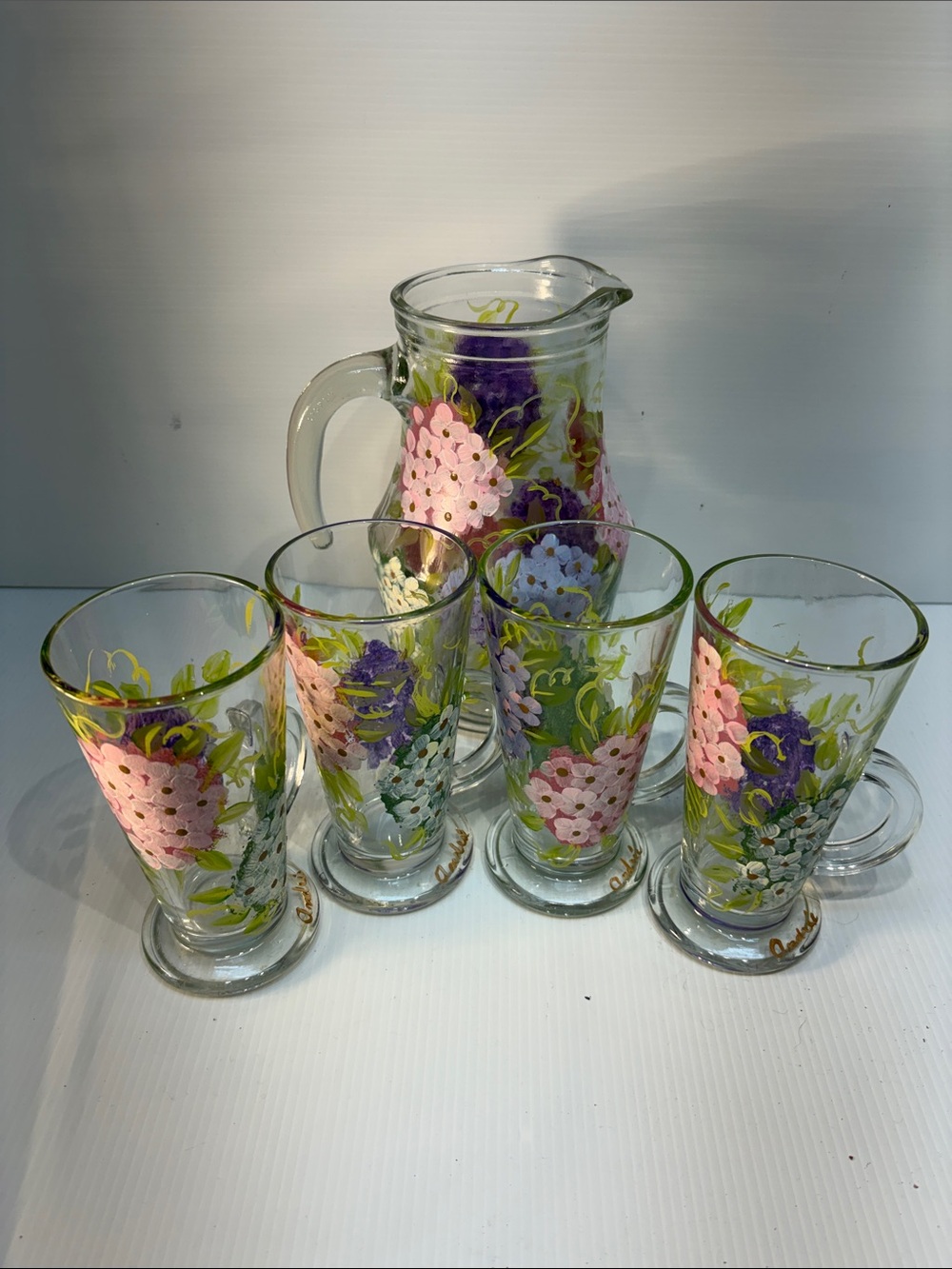 Hand Crafted Pink, Purple & Green Floral Glass Pitcher with Four Tumblers